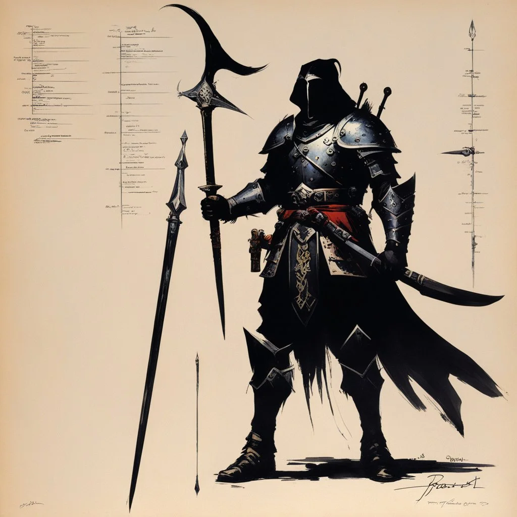 ConceptSheet: dark paladin and his pike with AD&D statistics [by frank frazetta]