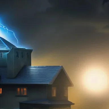 Close up, Roof top view, Enourmous Paladin projecting a hologram shield on a home, encroaching storm, ominous color palette, 2k resolution, high-quality, detailed matte, volumetric lighting, illustration, crystal sutton