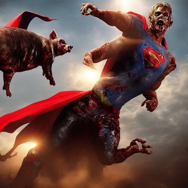 zombies without cape climbing a mountain and a female pig with superman cape on top, realistic, movie style