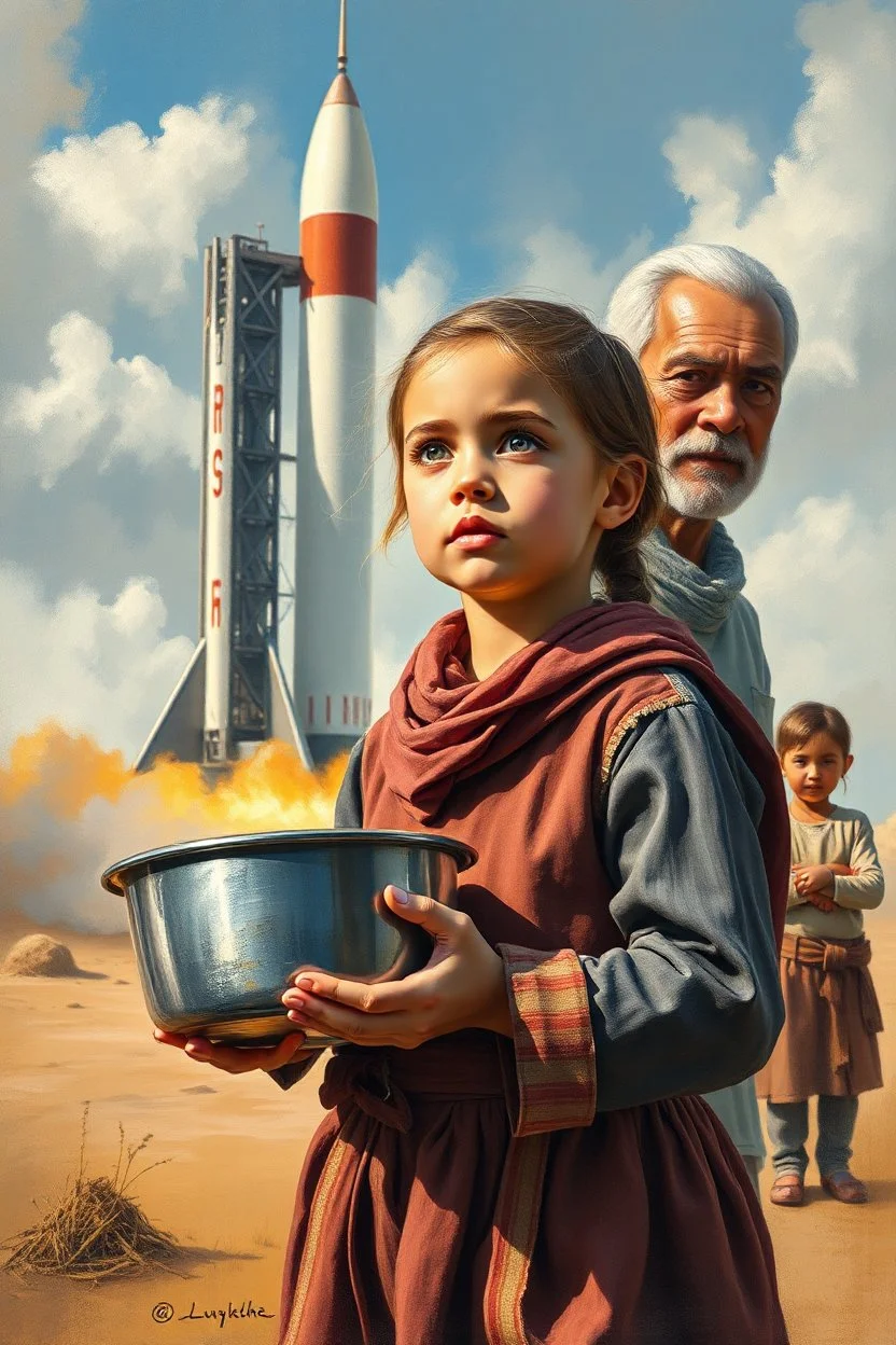 an expressive painting of a 3 years old girl poor with Ruth clothes standing in line with out her children’s asking for food with a pan in her hand painting, a large space rocket base behind ready to be lunched in the background, we might see a companion with features of absolute strength and determination, blended with warmth and deep faith. Perhaps his face expresses wisdom and courage, with eyes radiating confidence and faith.