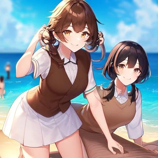 Clear focus, High resolution, Brown short fluffy hair, long locks, smiling, wearing a brown vest on top of a white skirt, wearing a blue short skirt, at the beach, cinematic lighting