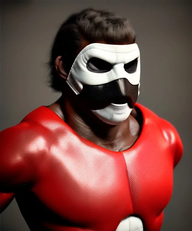 Man, wrestling, mask, retro 80s style, hot ambient, photo studio, red, gold, vibrant color, highly detailed, art stations, concept art, smooth, unreal engine 5, god rays, ray tracing, RTX, lumen lighting, ultra detail, volumetric lighting, 3d, finely drawn, high definition, high resolution.