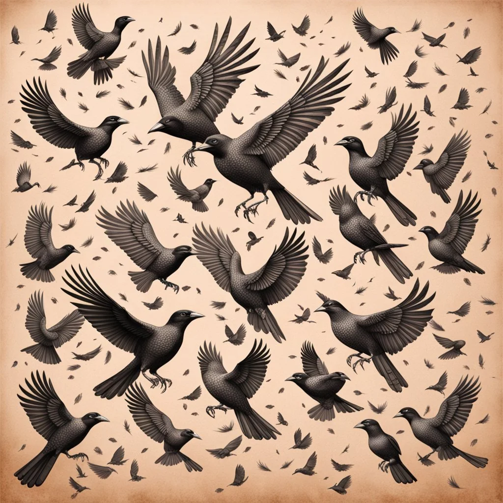 Hyper Realistic sketch of Lots-of-Koel-Birds Flying on a vintage paper