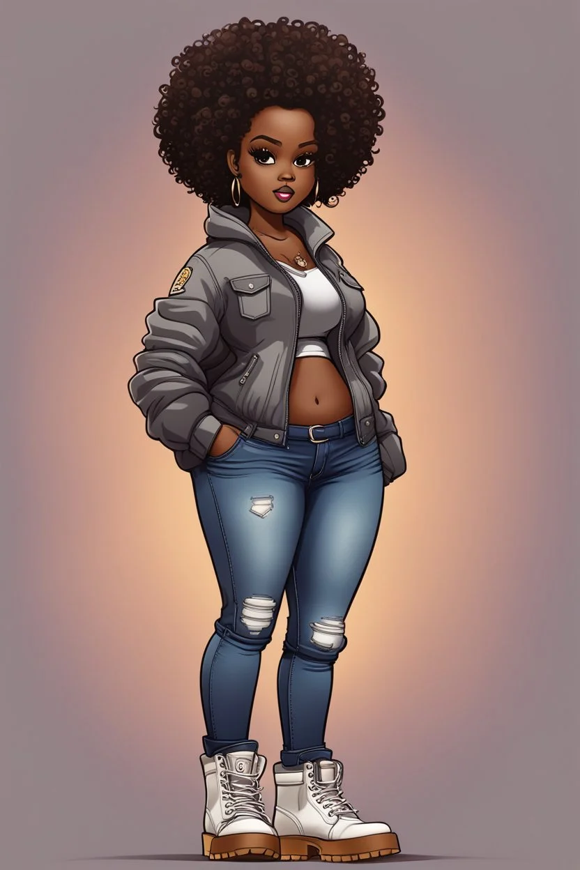 create a vibrant cartoon art image of a plus size chibi dark skinned Black female wearing a grey jean outfit with timberland boots. Prominent make up with brown eyes. Highly detailed tight curly ombre afro