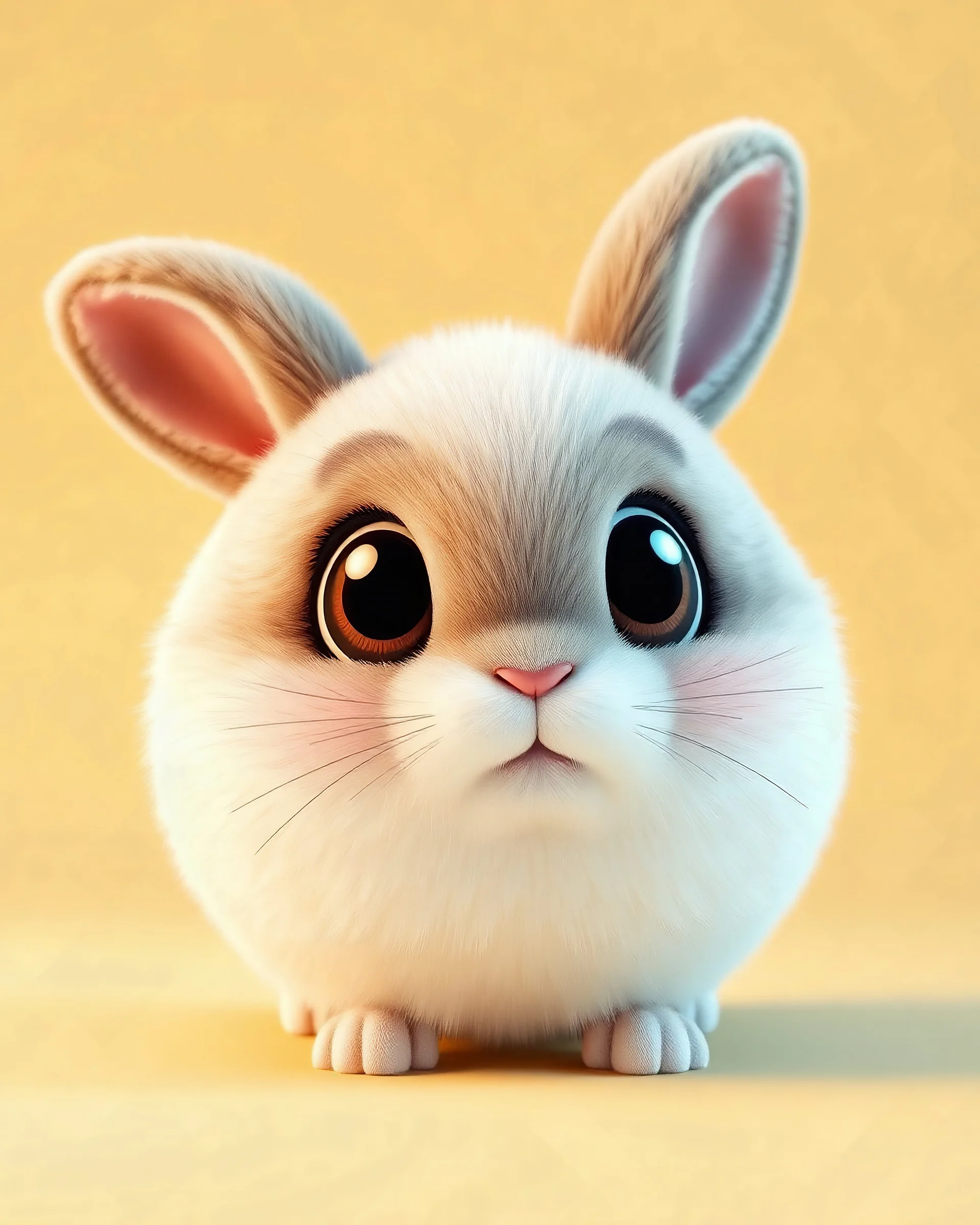 Cute 3D round bunny with big eyes, fluffy and plush texture, soft pastel yellow background, smooth C4D rendering, playful expression, ultra-detailed fur, perfect for dynamic wallpaper