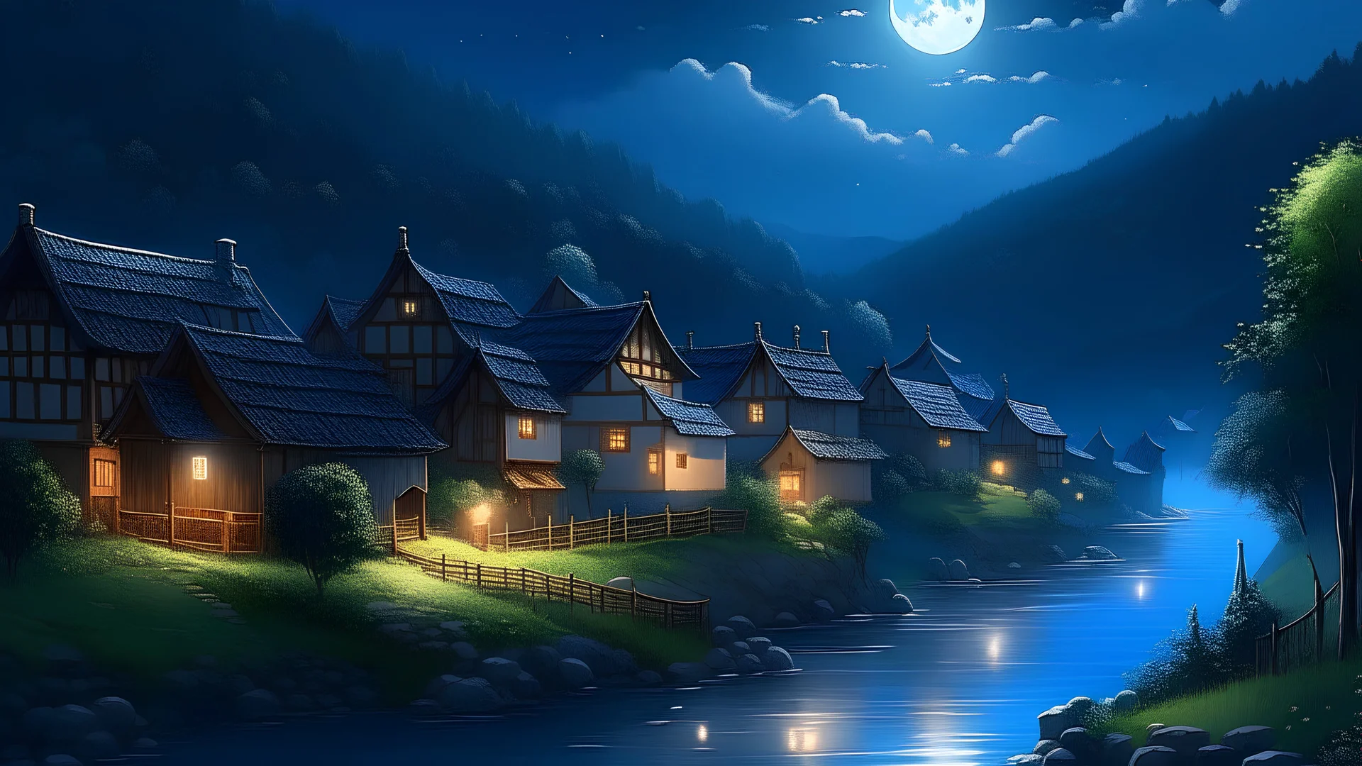 A moonlit village nestled beside a tranquil river