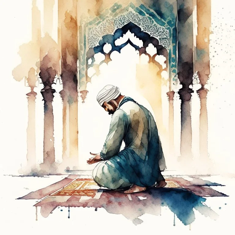 A man is praying namaz, background of islamic pattern, watercolour painting