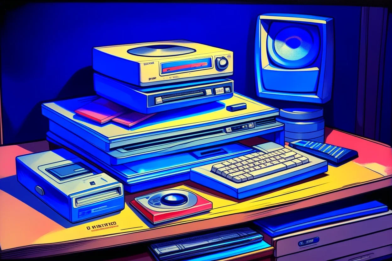 retro tech on a desk, Magneto-optical disk, floppy disk, Hard disks, ram, VHS, Retro pc, slight watercolor, no humans