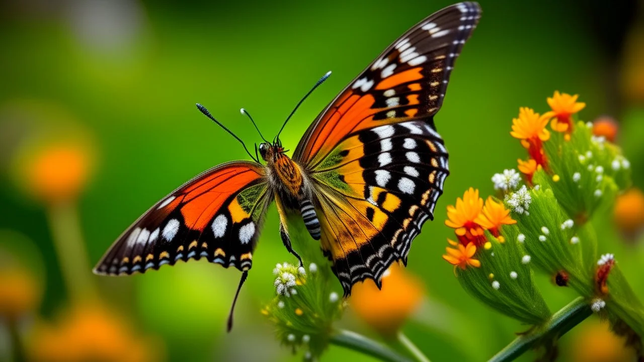 A close-up shot features a butterfly perched atop a cluster of flowers, set against a soft, blurred background. The butterfly has a striking pattern of orange and black spots on its wings, which are slightly open, revealing the intricate details of its structure. Its body is dark, and its antennae are thin and delicate. The flowers are a mix of yellow and green, with small, rounded petals. They are clustered together, creating a dense and textured surface for the butterfly to rest on. The stems