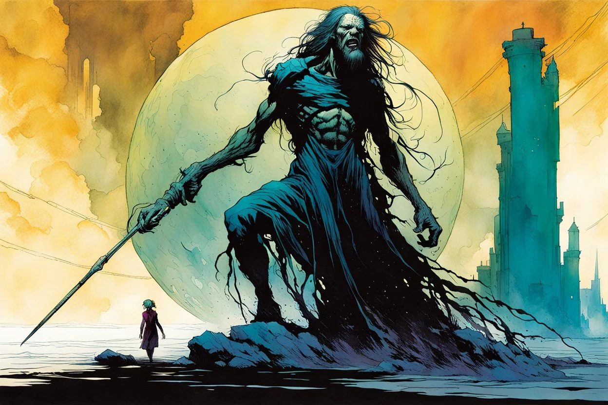 create an imaginative full body print illustration of an ethereal, otherworldly gaunt and withered ancient female Striga monster, in the comic book art style of Bill Sienkiewicz, Mike Mignola, and Jean Giraud Moebius, with highly and finely inked