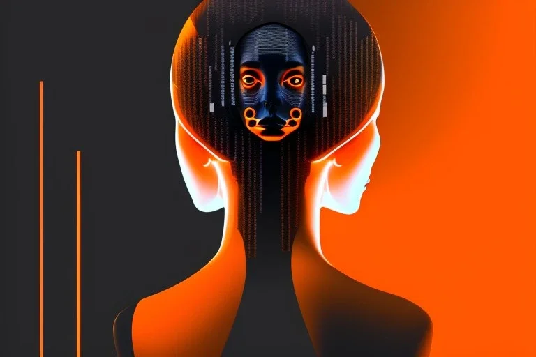 Büste, die in ihrem Kopf eine neue Cyberwelt bildet, der Hinterkopf und die Schultern bestehen vollständig aus Technologie, distanzierter Gesichtsausdruck, Kopf zur Kamera geneigt, detailliert minimalistisch, Farben orange, weiß und schwarz