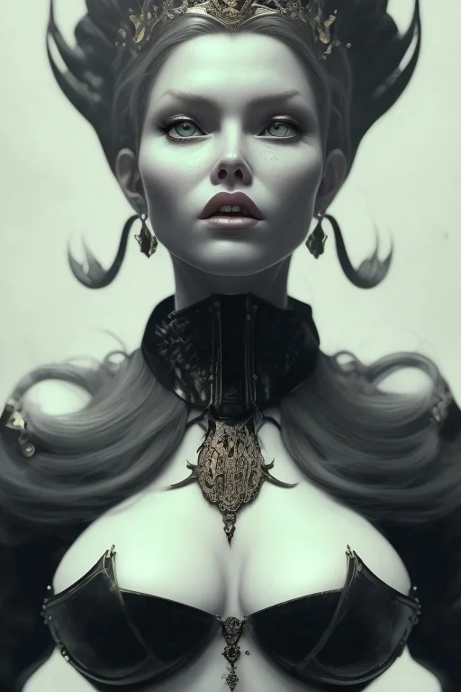 Brigitte Bardot as evil queen in black leather, leather, busty, cleavage, angry, stern look. character design by cory loftis, fenghua zhong, ryohei hase, ismail inceoglu and ruan jia. unreal engine 5, artistic lighting, highly detailed, photorealistic, fantasy.