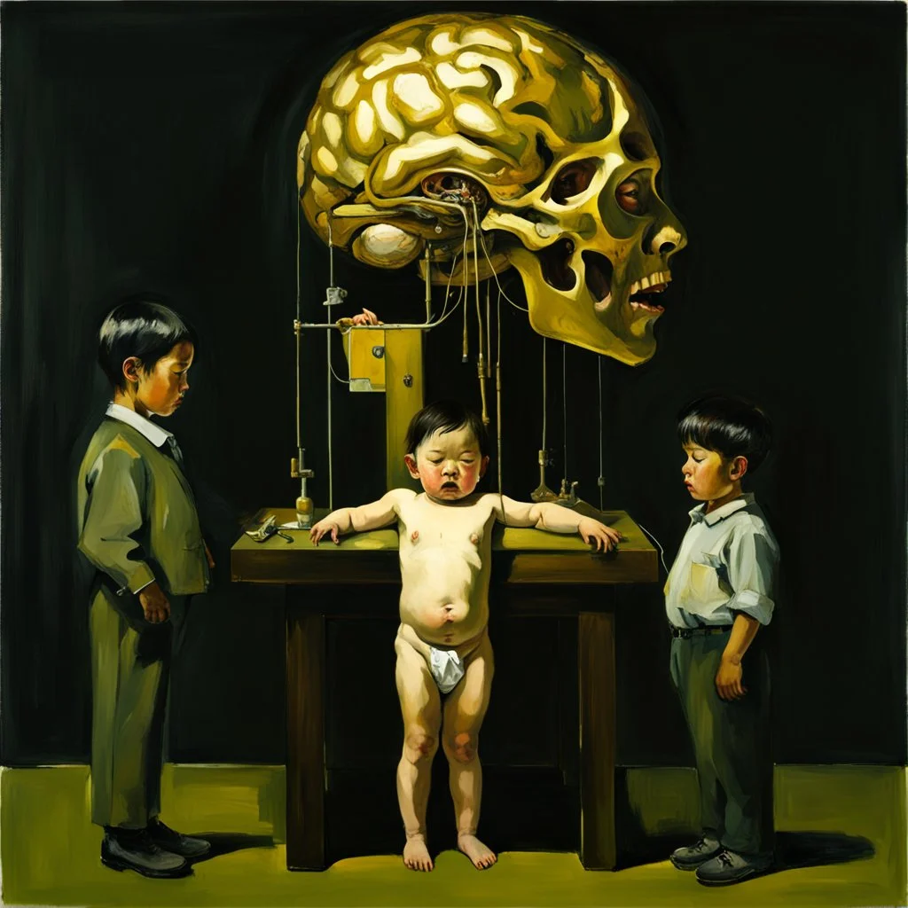 a huge golden brain supported by very small beautiful Asian female human bodies, complex surgical instruments mix a newborn boy between light and shadow, surrealism, symbolism, minimalism, sculpture by Adrian Ghenie, Lucian Freud, Rene Magritte, Salvador Dali