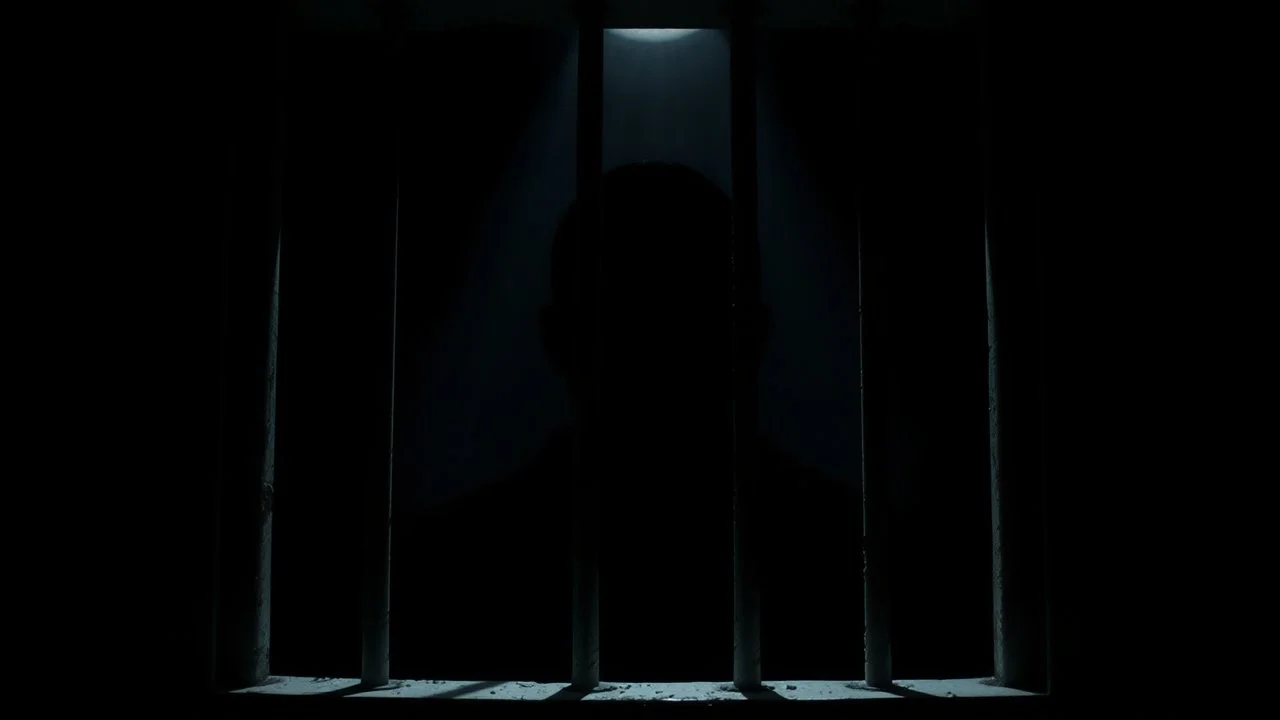 dark cinematic prison scene, parallel prison bars in window dominating the composition, behind the bars a human face siluette, the face completely obscured by darkness and shadow, identity unrecognizable, minimal cold light entering from above, oppressive atmosphere, existential symbolism, loneliness and isolation, brutal shadows, high contrast, realistic