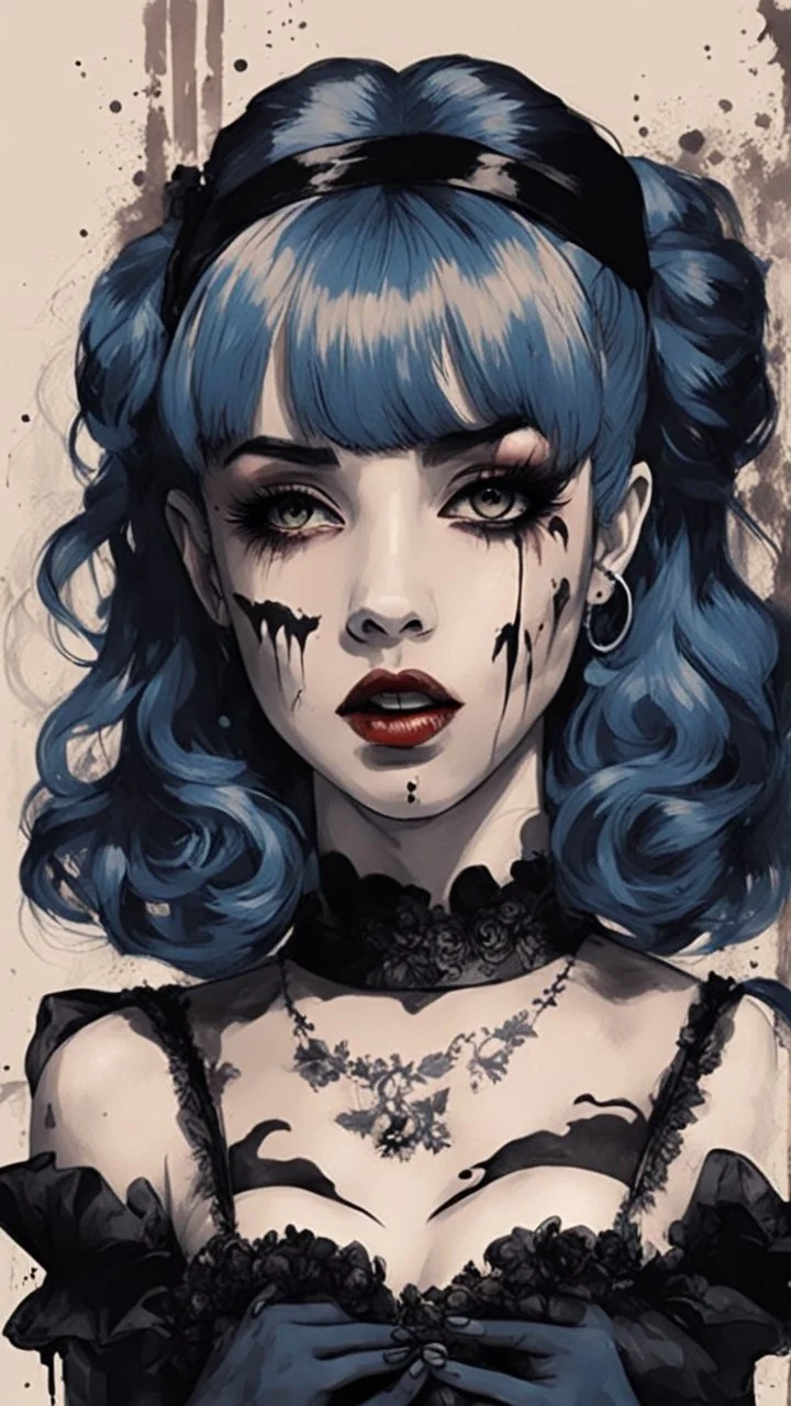 Poster in two gradually, a one side malevolent goth vampire girl face and other side the Singer Melanie Martinez face, full body, painting by Yoji Shinkawa, darkblue and sepia tones,