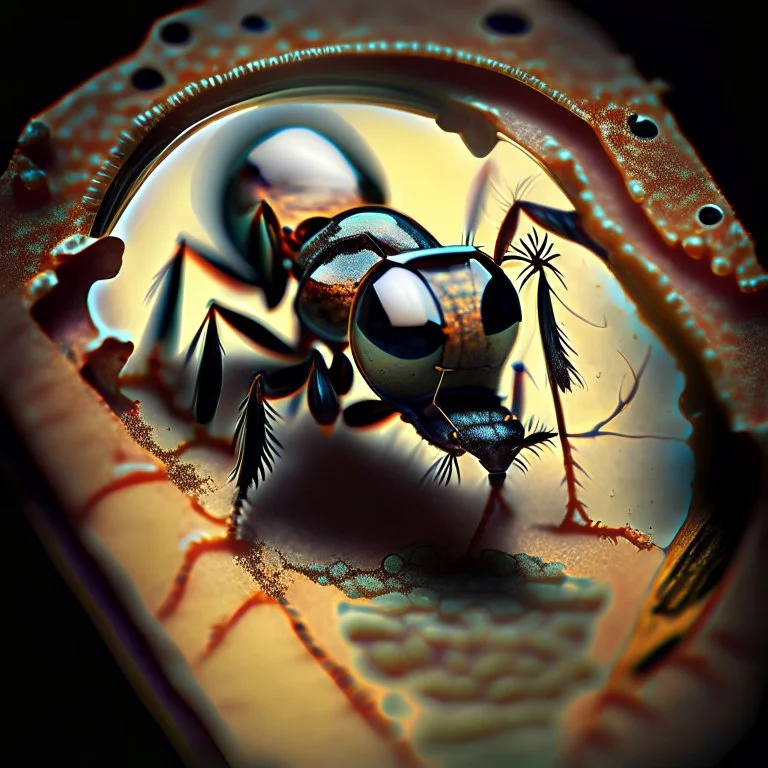 an ant under magnification, old school, paiting