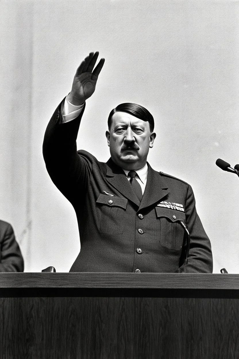adolf hitler hält eine ansprache in 1945 und hebt die rechte hand mit dem gruß