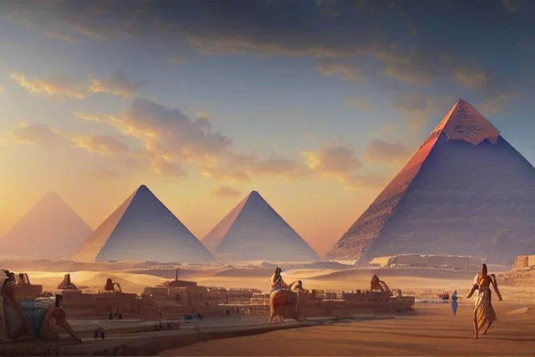 An ancient Egypt city in the year with 2 pyramids in the background, by Greg rutkowski, beautiful Egyptian temples, ultra realistic, art Station, vibrant colours, concept art, blue sky