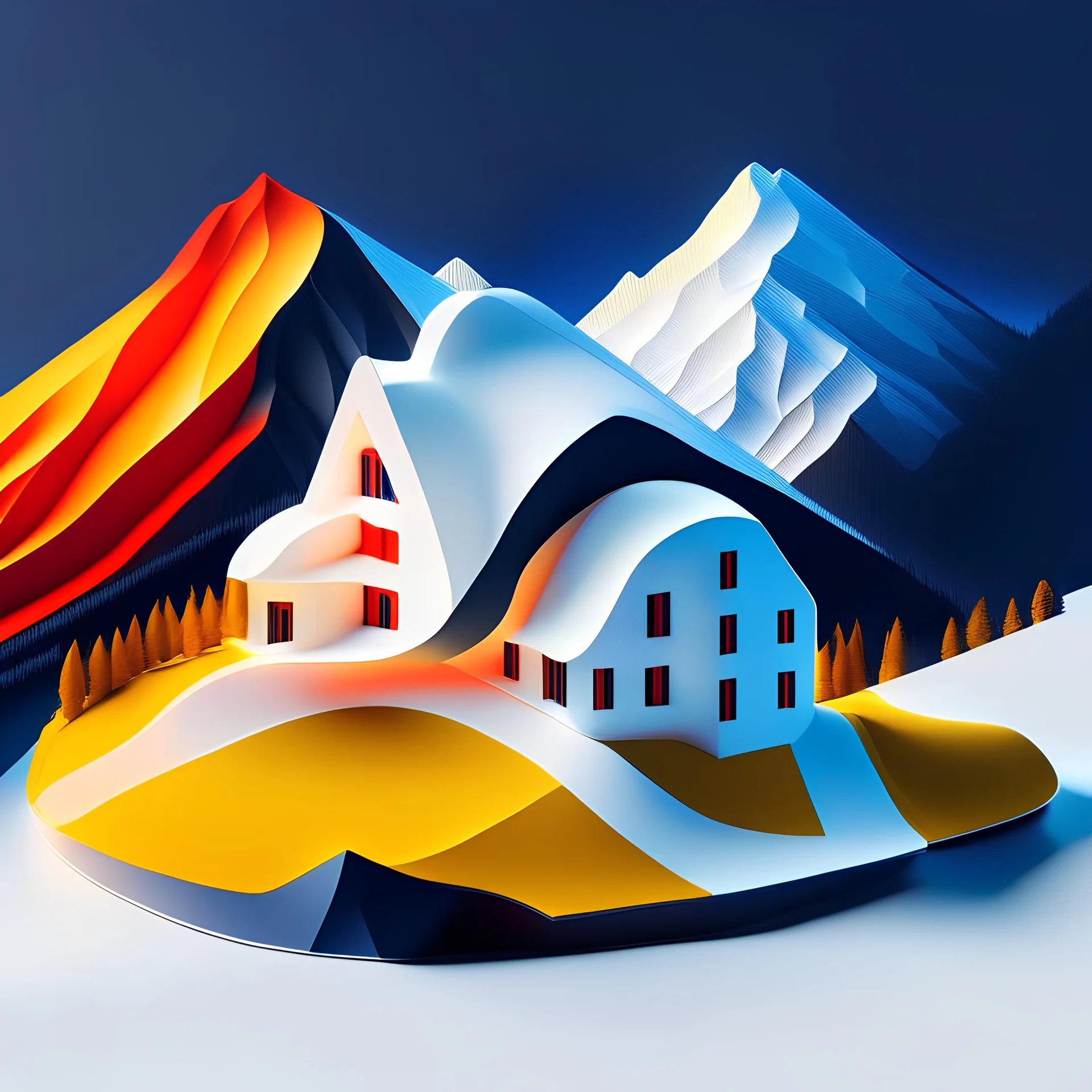 Ilustración minimalista 3D de una casa campestre estilo Zaha Hadid en las montañas arte nouveau neón lineal color negro blanco amarillo rojo y azul calidad ultra fondo ciudad vista aérea