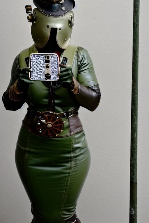 Steam-punk style random-mask. Large fencing mask covers chin and cheeks. Hot girls. Reflective surface on face, full coverage, reflective. golf ball eyes. Head full of integrated old-fashioned cameras and phone. Army green surfaces body, latex. Perfect body, thick thighs and calves. Asa Akira's body. Wide hip, skirt bleats nicely. Partly symmetrical. Straitjacket. Rusty and decayed background. Steam-plunge air-bottles. Euclidean 3D-tiling walls. surrealistic. Oppressive atmosphe