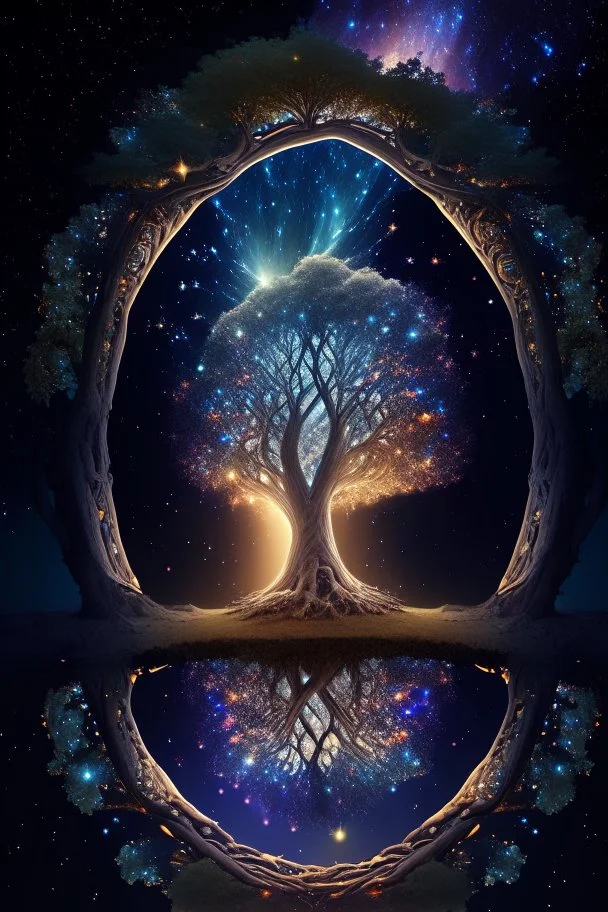 Cosmic Mirror Tree, A Spiritual Nexus Bridging Heaven, Earth, and the Universe, 4k, high resolution