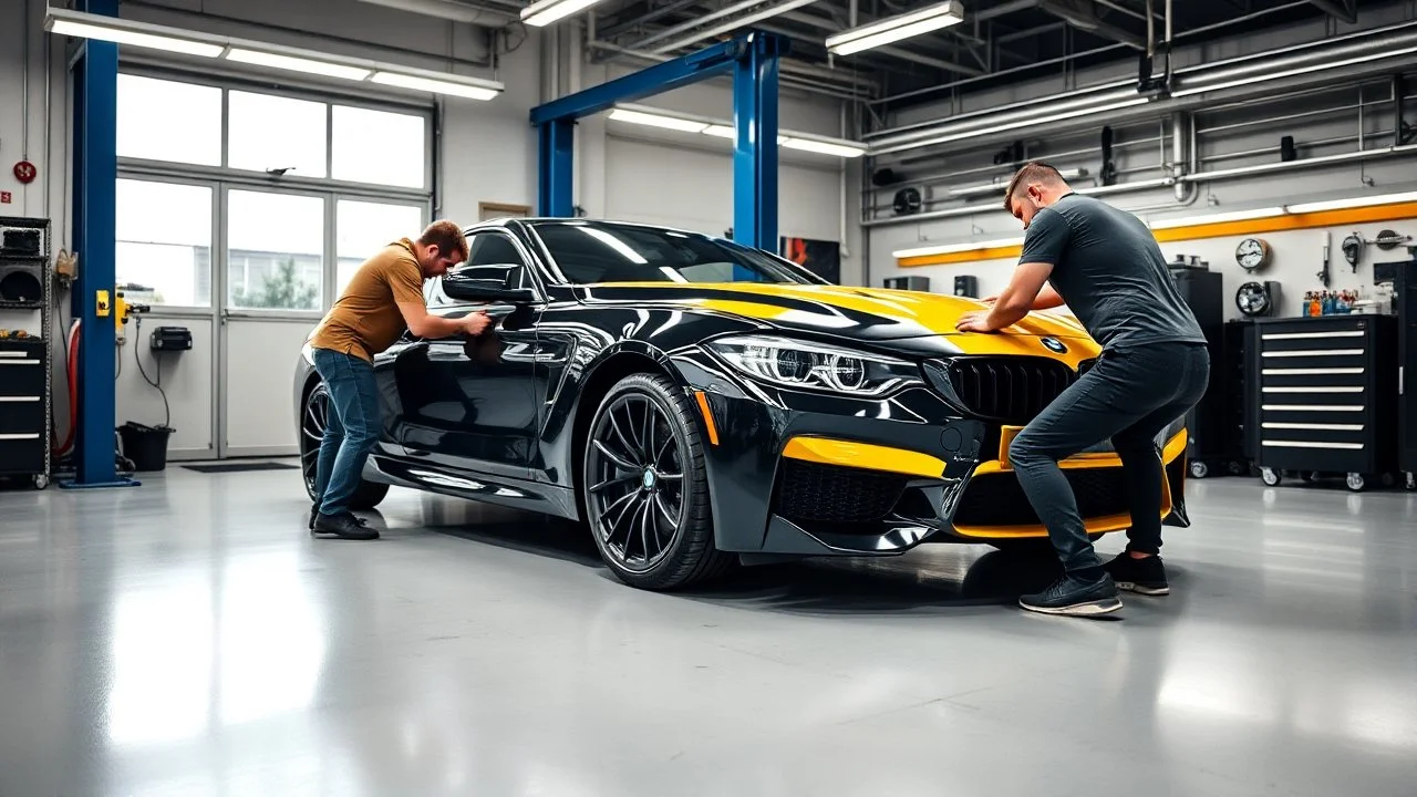 A car repair shop where two people are repairing a black and yellow BMW M6 series with an eye-catching theme in a sophisticated and special repair shop