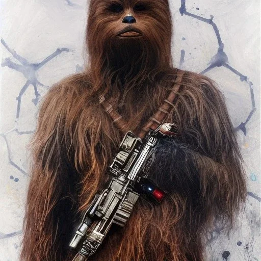 photorealistic and intricate portrait of chewbacca in star wars by Agnes Cecile, wearing beskar armor, deep dark colors, hyperdetailed, 32K, oil on canvas,