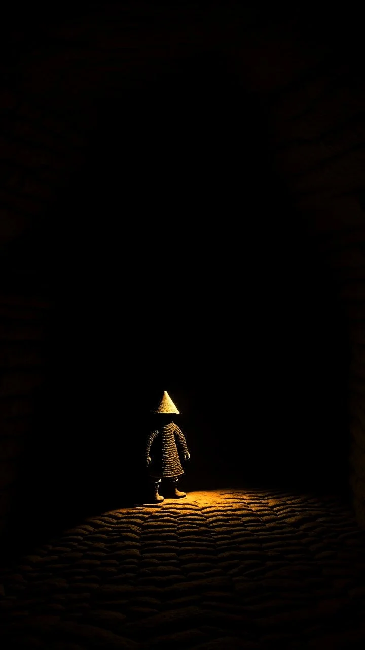 character in semi-darkness, on the scree cone of an underground room dimly lit by daylight coming from a well located forty meters above.