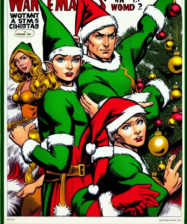 two elves. woman and man. stand apart. Christmas scene. poster. marvel comic.