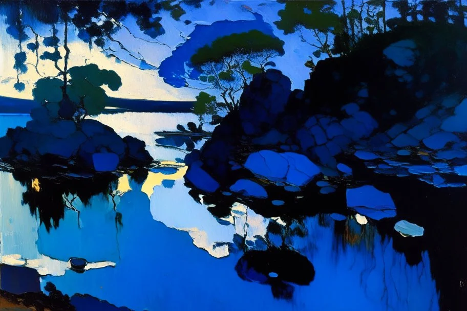 blue exoplanetin the sky, water reflection, rocks, vegetation, otto pippel and konstantin korovin painting