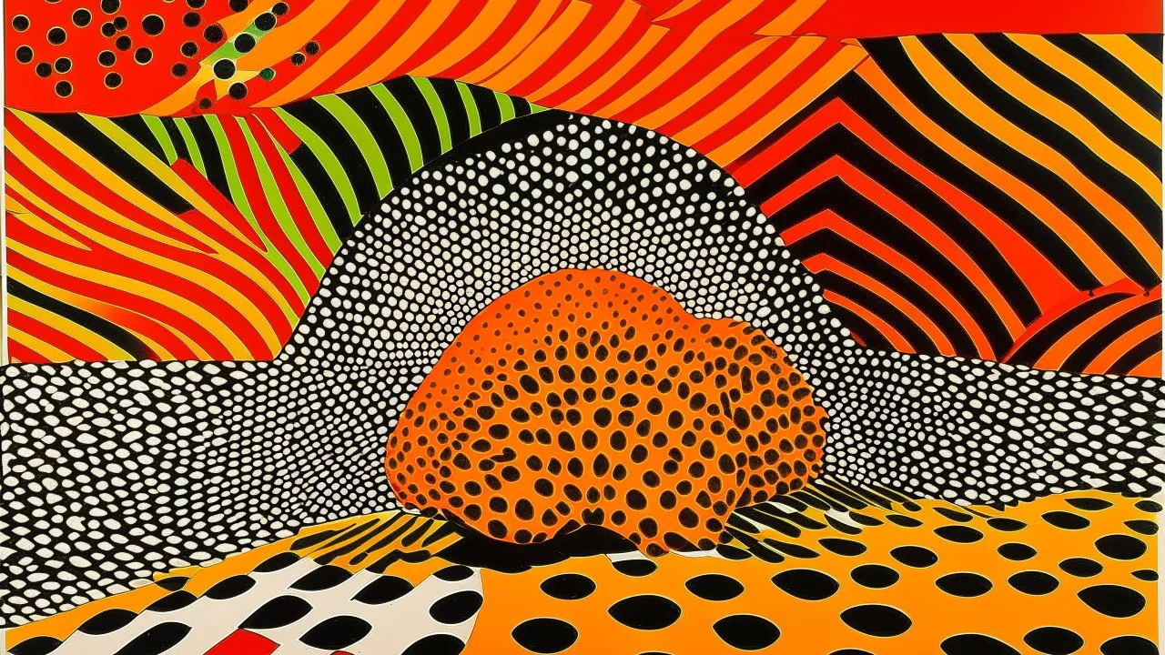 An orange colored earth elemental porcupine designed in Moroccan rug art painted by Victor Vasarely