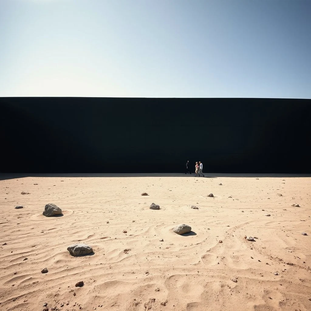 L'immagine mostra un grande spazio aperto con un pavimento coperto da terreno sabbioso e rocce sparse, simile a un paesaggio desertico. Sullo sfondo si erge una parete di cemento di colore nero, mentre il cielo luminoso inonda di luce luce naturale tutta la scena. Alcune persone, piccole in proporzione allo spazio, sono visibili vicino alla parete, osservandolaa o camminando. Questo contrasto tra il paesaggio naturale e l'architettura minimalista crea un ambiente suggestivo e contemplativo