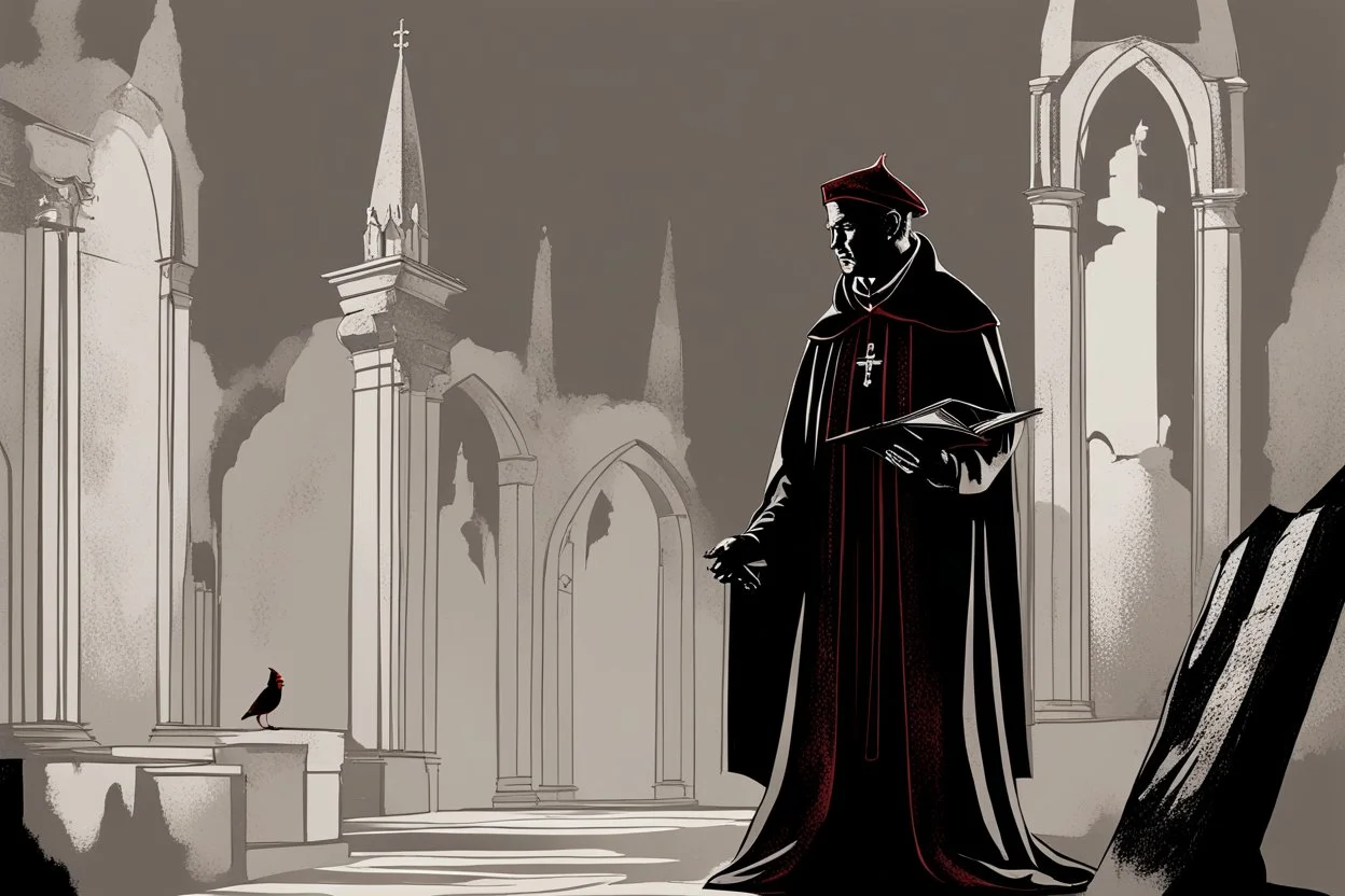 cardinal priest, reading, shadow, silhouette, gray background, medieval, illustration,