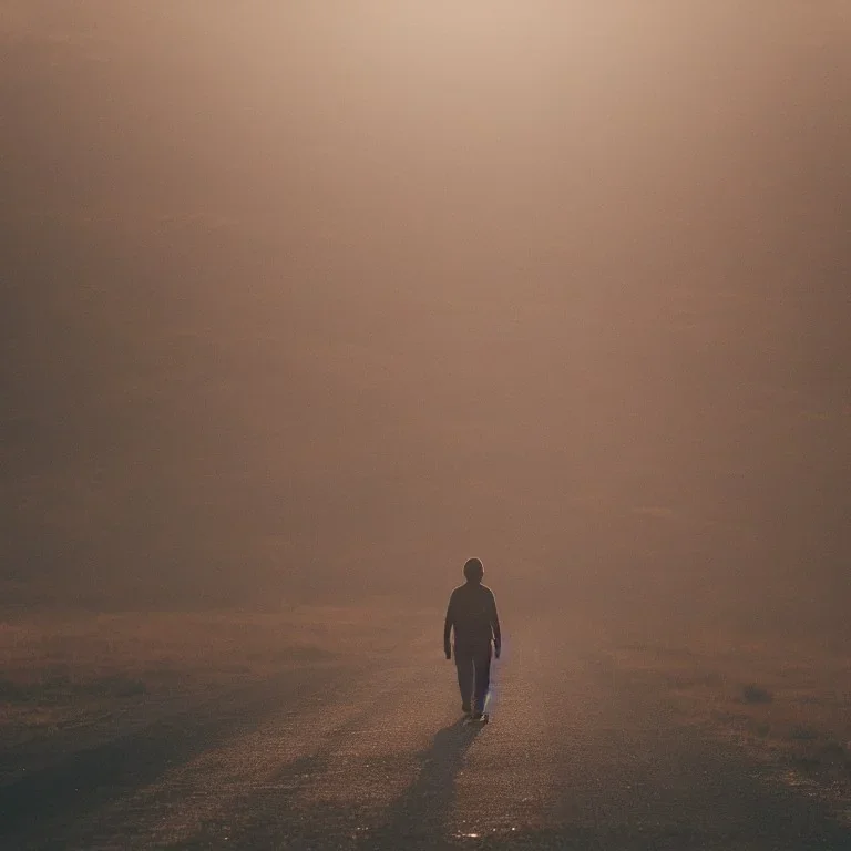 view of long road , man walking with blood hand , sun is blury