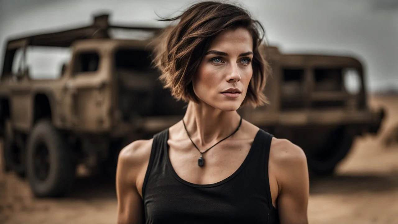 beautiful slender caucasian female technician, black tank top, dirty face, gritted teeth, well toned muscles, weathered face, scratched sand camo metal details, short brunette wavy bob haircut, dystopian, desert scene with smoke and explosions,