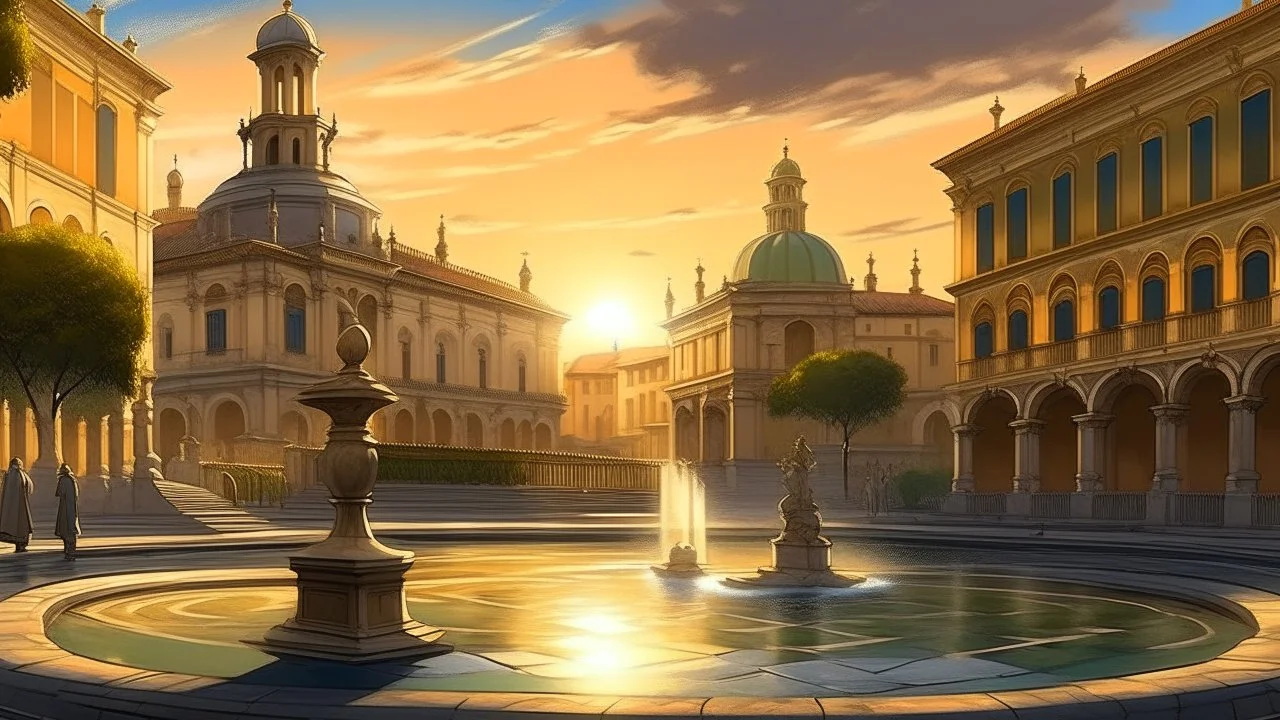 Italian plaza with fountains and Renaissance architecture, cobblestone streets, golden sunset light, partly cloudy sky, classical oil painting style, realistic shadows and reflections