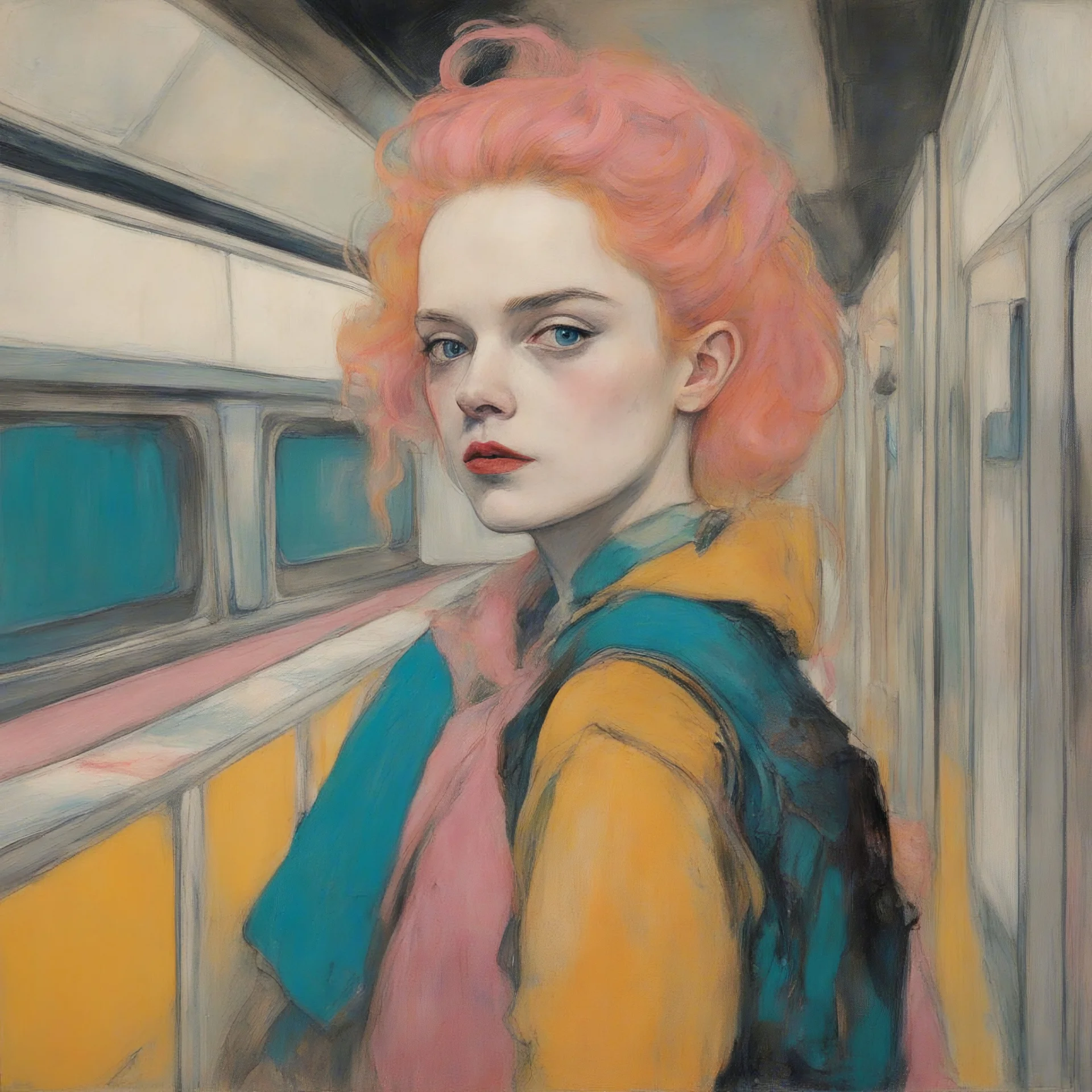 Egon schiele painting of a grunge woman, elle fanning, in the métro, orange, pink, turquoise, yellow colors