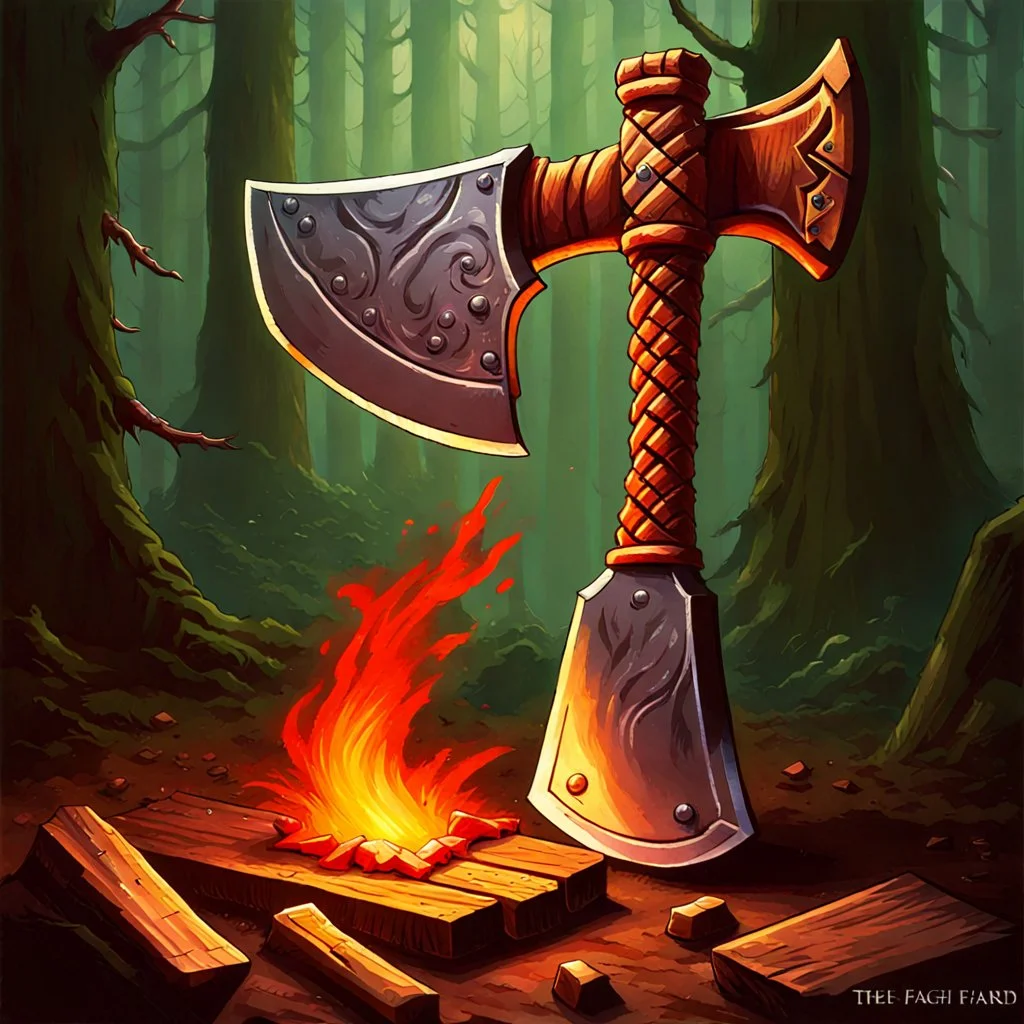 90's TCG fantasy artwork art of an axe in a chopping block