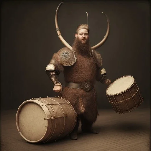 A viking playing on a drum, scary, steam punk, realistic, made in octane, cinematic, ultra-realistic, extremely detailed octane rendering, 8K, VRAY Super Real ar 2:3, dof photorealistic futuristic 50mm lens hard lighting dark gray tintype photograph, realistic lighting, sepia color