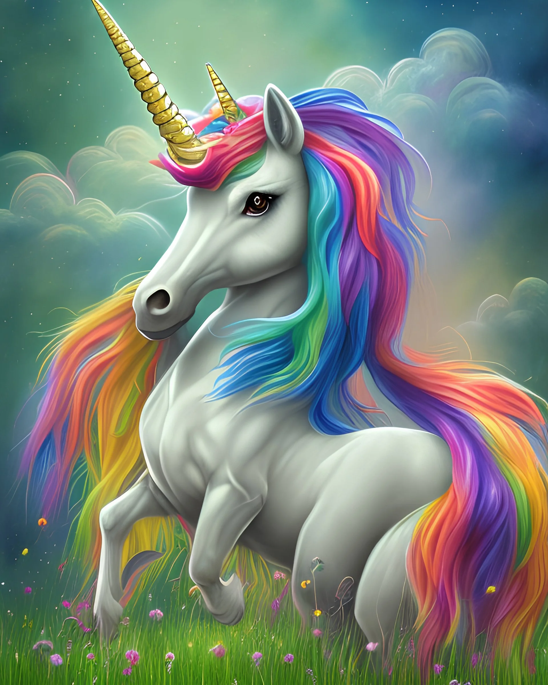 unicorn, with a rainbow-colored mane and tail, standing in a lush green meadow, conveying a sense of wonder and enchantment, illustration, created with watercolor paints and ink, --ar 1:1 --v 4