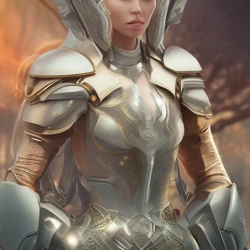 A handsome woman standing in front of a church, futuristic design, a paradise in background, close-up face, geometric armor, female face, 3d unreal engine, black face, close up armor, church detail, lovely face