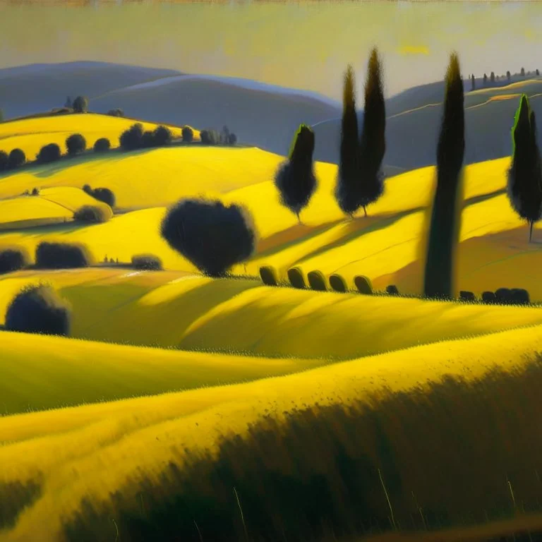 a fine oil painting of a landscape of rolling hills in the italian countryside, yellow hour, bold chromaticity — ar 3:2