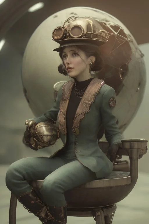 1910 steampunk color girl seat on sphere machanic sputnik