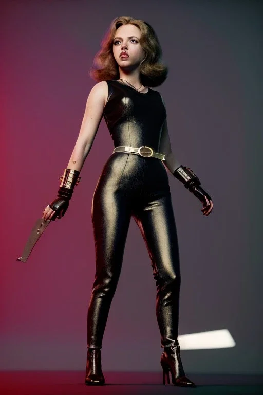 retro portrait image from 1960, New York explosion, long hair, young Scarlett Johansson, classic black tight lycra suit, weapons, gold bracelet and belt, high heel boots, soft color, highly detailed, unreal engine 5, ray tracing, RTX, lumen lighting, ultra detail, volumetric lighting, 3d, finely drawn, high definition, high resolution.