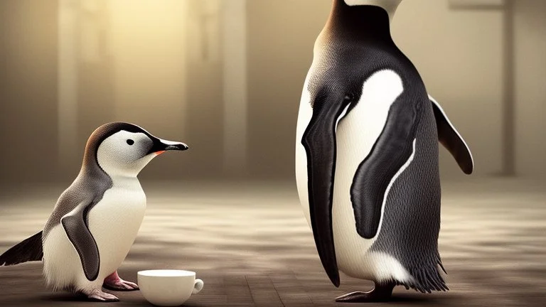 young woman talk to a penguin in coffee-shop