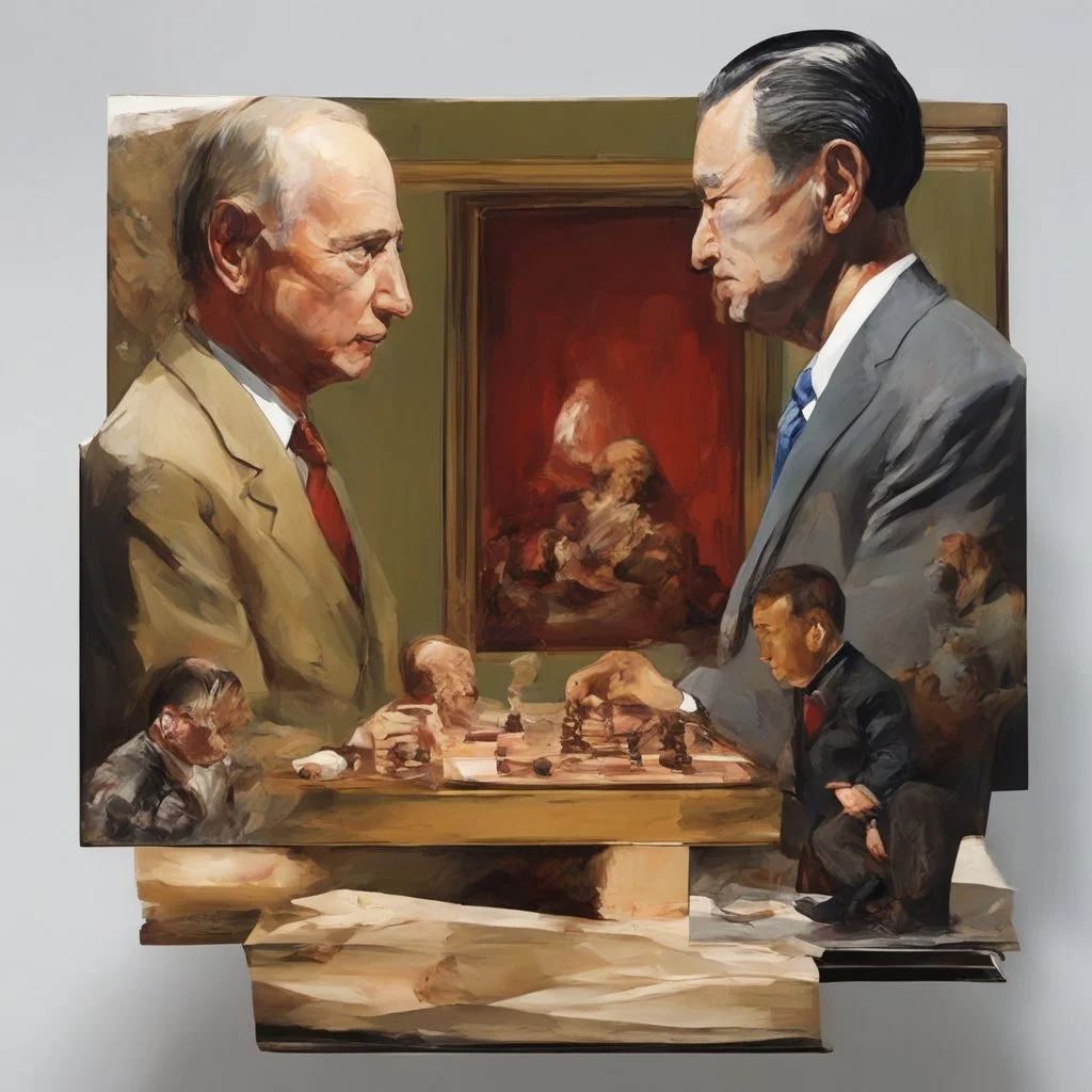 Putin, President Xi Of China And Joe Biden Play Chess With Atomic Bomb Mushroom Cloud,Complex Surgical Instruments Intermixed With A Newborn Boy,Minimalism,Painting By Adrian Ghenie,Rene Magritte,Pablo Picasso,Michelangelo,Salvador Dali,Lucian Freud