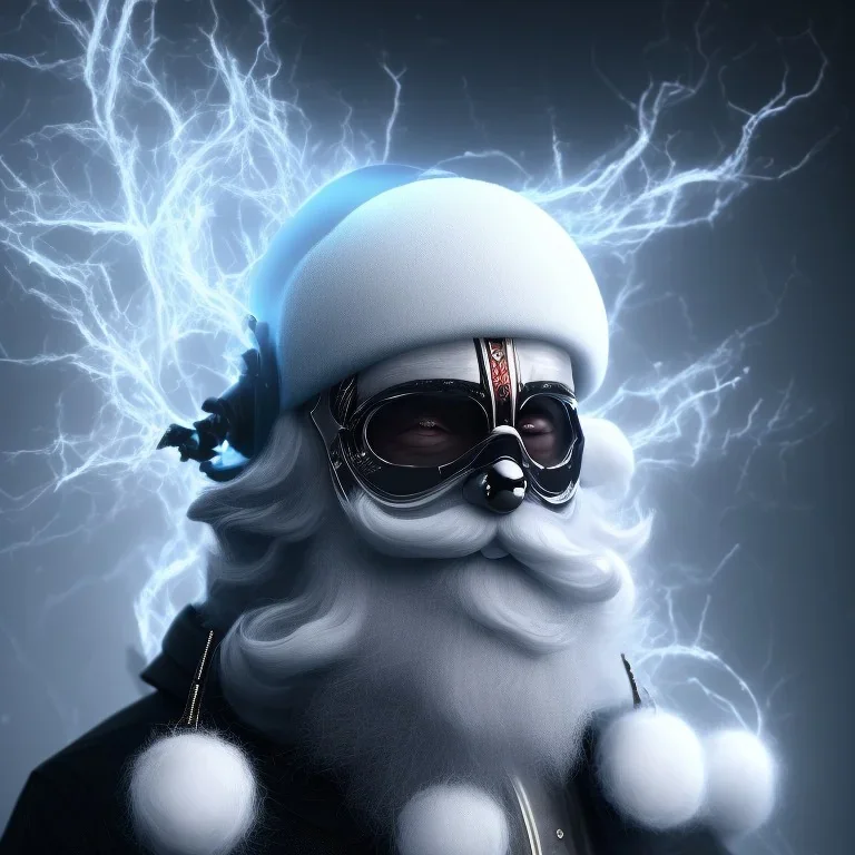 All Black Santa, ghost, wearing high tech mask, white smoke, dark, rage, high definition, ultra 8 k, volumetric lighting, blue fire, fog red rain