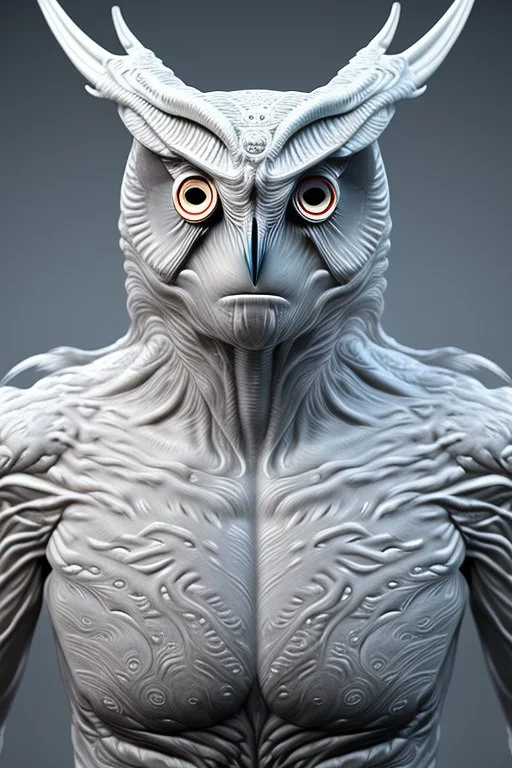 The Owlman alien,white, highly intricate, Realistic photography, incredibly detailed, ultra high resolution, 8k, complex 3d render, cinema 4d.