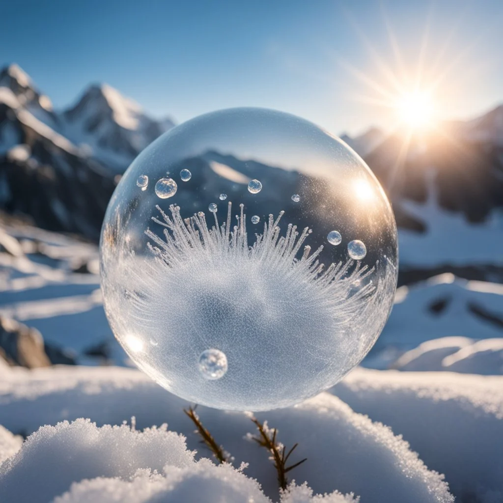 Frozen bubble in front of a snowy mountain landscape, the bubble has wonderful icecrystals and the sun is shining, frozen, cold outside, beautiful small ice flowers in front of the bubble