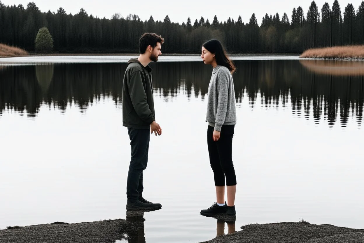 An image of two people exchanging criticism in a constructive and respectful manner, standing on the ground with a lake behind them